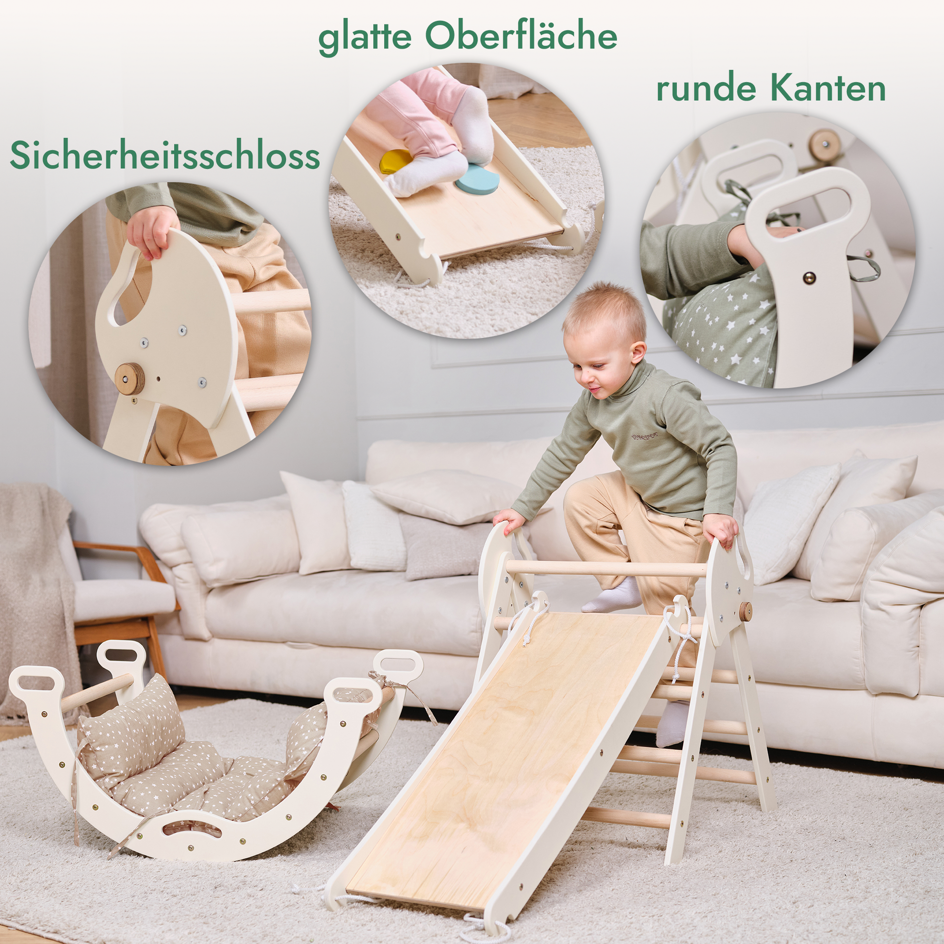 Montessori 4in1 Kletterdreieck für Babys: Pikler-Dreieck, Kletterbogen, Rutschbrett und Kissen für Kleinkinder (1–3 Jahre)-2
