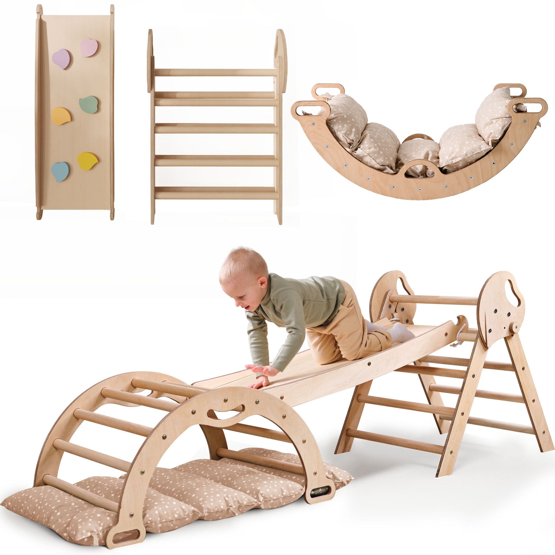 Montessori 4in1 Kletterdreieck für Babys: Pikler-Dreieck, Kletterbogen, Rutschbrett und Kissen für Kleinkinder (1–3 Jahre)-0
