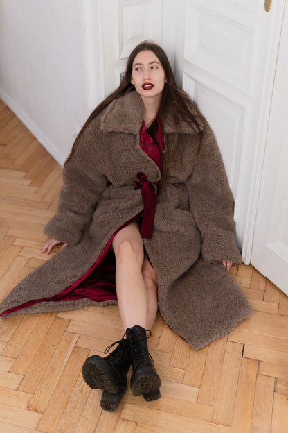Oversized Woolen Coat with Maroon Silk Lining - Beige-1