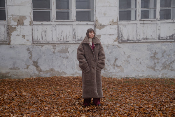 Oversized Woolen Coat with Maroon Silk Lining - Beige-0