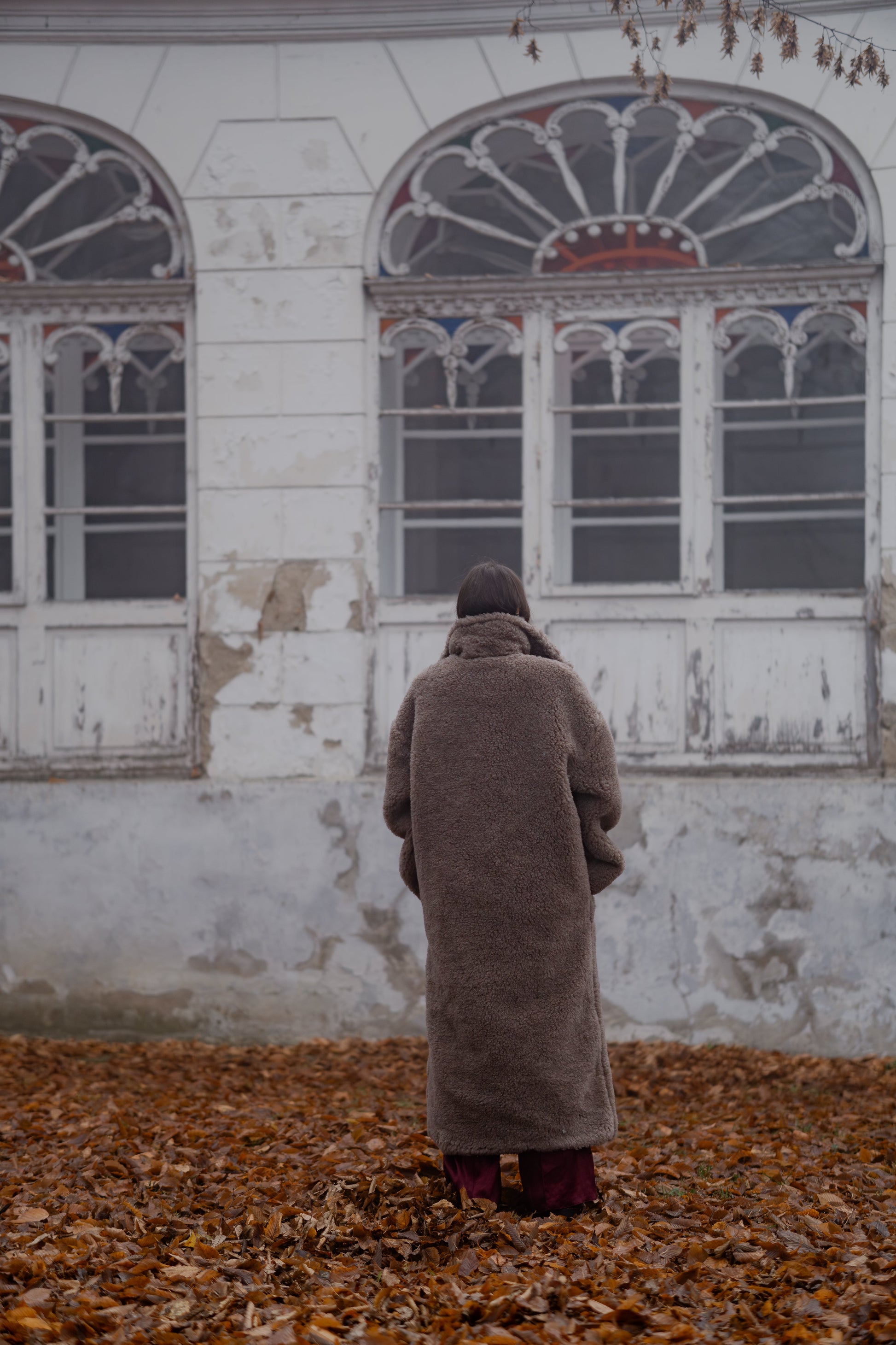 Oversized Woolen Coat with Maroon Silk Lining - Beige-2