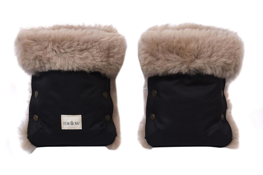 Waterproof Natural Sheepskin Stroller Hand Muffs - Black&Beige-1
