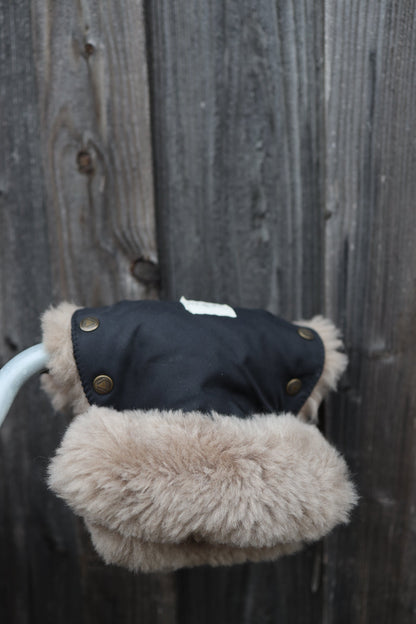 Waterproof Natural Sheepskin Stroller Hand Muffs - Black&Beige-4