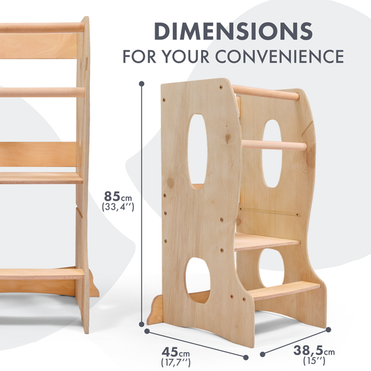 Stabiler Montessori Lernturm: Mitwachsender Kinderstuhl aus Holz – Beige-1