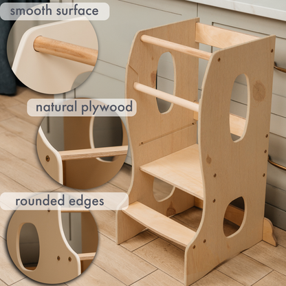 Stabiler Montessori Lernturm: Mitwachsender Kinderstuhl aus Holz – Beige-3